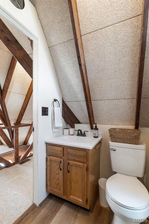 682 Shadow Lake Circle Dr, Innsbrook, MO 63390 - bathroom featuring wood finished floors, toilet, vanity, and lofted ceiling