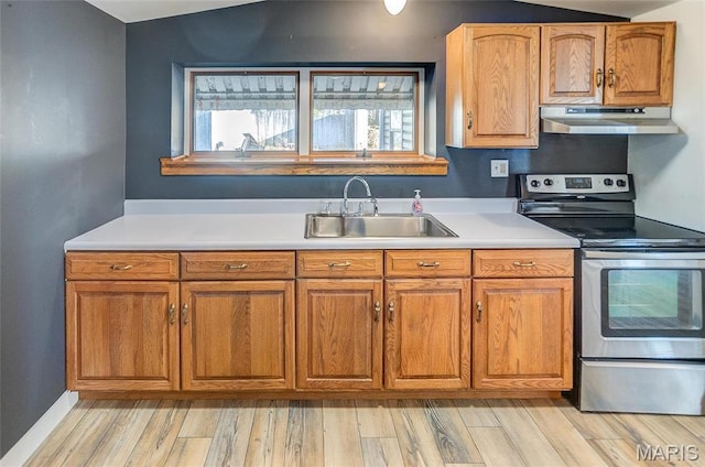 1 Golden Eagle Ferry Rd, Golden Eagle, IL 62036 - kitchen with under cabinet range hood, stainless steel electric range oven, a sink, light countertops, and light wood-style flooring