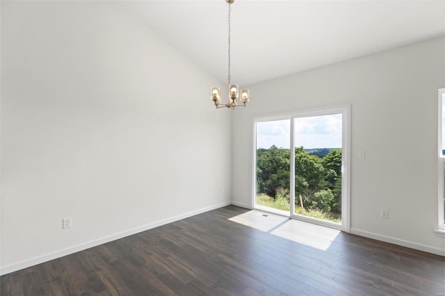 2491 Chukka Dr, Eureka, MO 63025 - unfurnished room featuring dark wood-style floors, a chandelier, baseboards, and vaulted ceiling