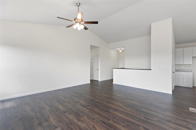 2491 Chukka Dr, Eureka, MO 63025 - unfurnished living room with lofted ceiling, ceiling fan, dark wood finished floors, and baseboards