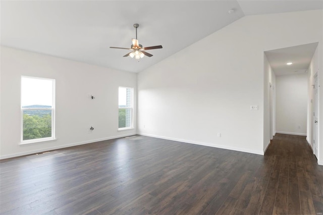 2491 Chukka Dr, Eureka, MO 63025 - empty room featuring lofted ceiling, ceiling fan, dark wood finished floors, and baseboards