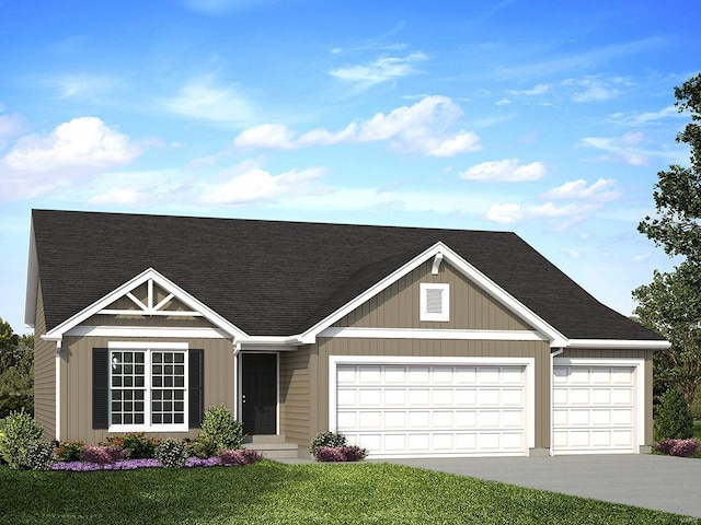 view of front of home featuring an attached garage, a front yard, driveway, and roof with shingles