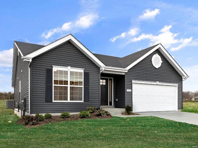 1717 Martingale Ln, Eureka, MO 63025 - ranch-style house with an attached garage, concrete driveway, a front yard, and central air condition unit