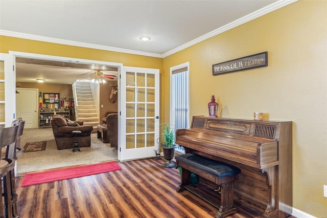 8041 Greystone Ln, Bonne Terre, MO 63628 - sitting room with crown molding, wood finished floors, french doors, ceiling fan, and baseboards