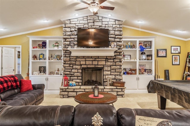 8041 Greystone Ln, Bonne Terre, MO 63628 - playroom featuring lofted ceiling, ceiling fan, ornamental molding, carpet, and pool table