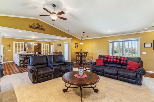 8041 Greystone Ln, Bonne Terre, MO 63628 - living room featuring baseboards, lofted ceiling, a ceiling fan, dark wood finished floors, and crown molding