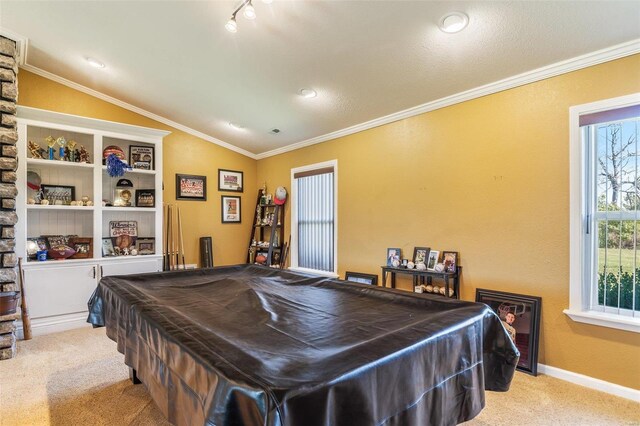 8041 Greystone Ln, Bonne Terre, MO 63628 - game room with light carpet, pool table, lofted ceiling, ornamental molding, and baseboards