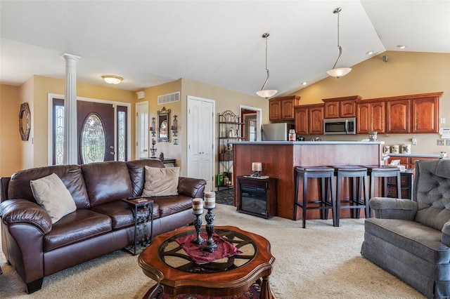 8041 Greystone Ln, Bonne Terre, MO 63628 - living area with light carpet and vaulted ceiling
