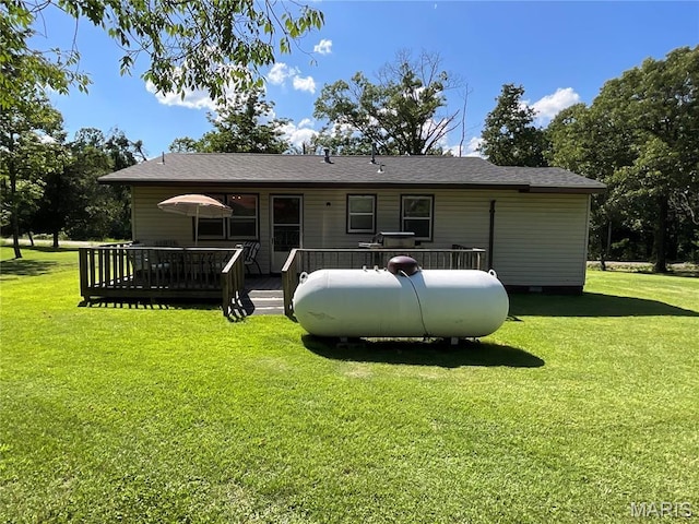 932 State Highway Hh, Isabella, MO 65676 - rear view of property featuring a wooden deck and a lawn