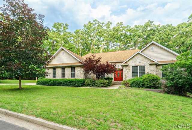 814 Marti Dr, Rolla, MO 65401 - ranch-style house with stone siding and a front lawn
