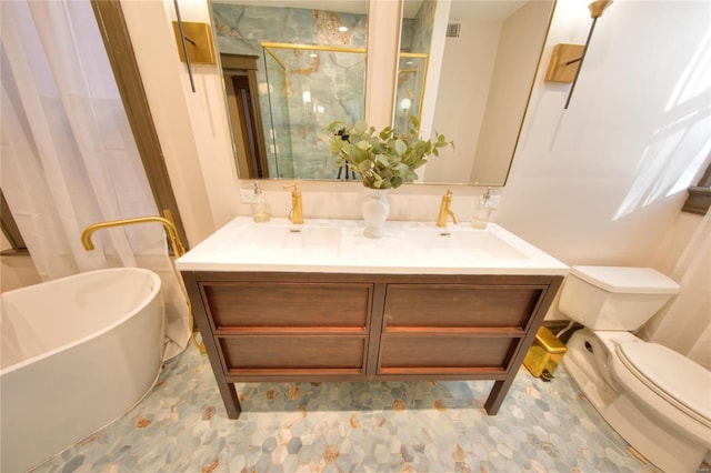 3834 De Tonty St, Saint Louis, MO 63110 - full bathroom featuring toilet, a stall shower, a freestanding tub, and vanity