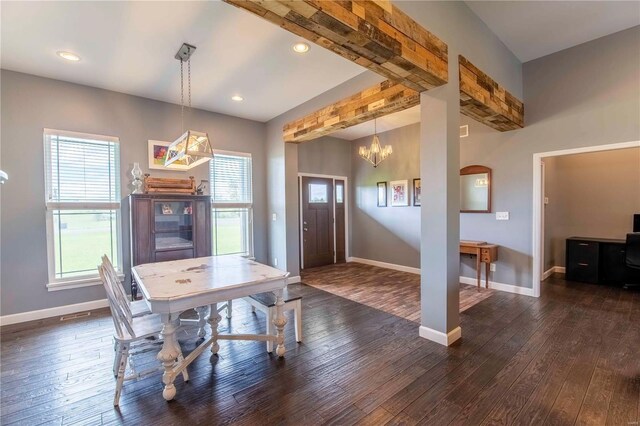 101 Lauren Grace Ct, Elsberry, MO 63343 - dining space featuring a chandelier, dark wood finished floors, plenty of natural light, and recessed lighting