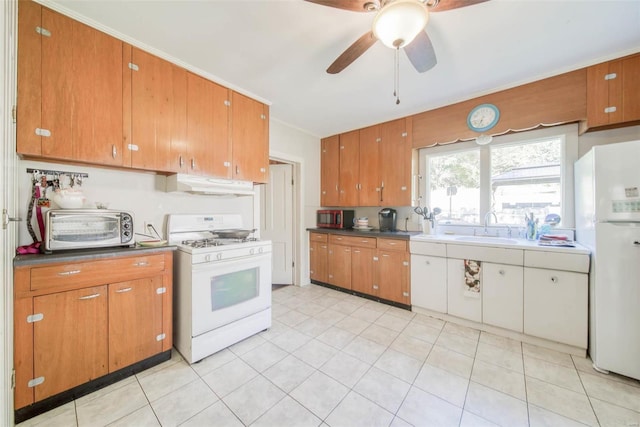 2251 County Road 6670, Salem, MO 65560 - kitchen with white appliances, under cabinet range hood, a sink, ceiling fan, and brown cabinetry