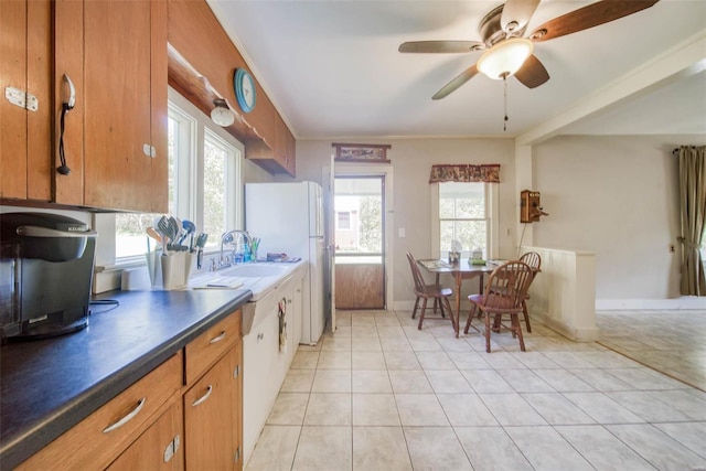 2251 County Road 6670, Salem, MO 65560 - kitchen with brown cabinetry, dark countertops, freestanding refrigerator, a sink, and ceiling fan