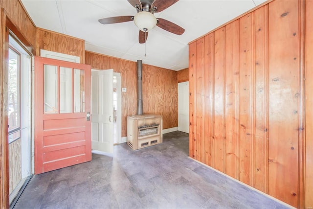 2251 County Road 6670, Salem, MO 65560 - foyer entrance with wooden walls, a wood stove, and ceiling fan