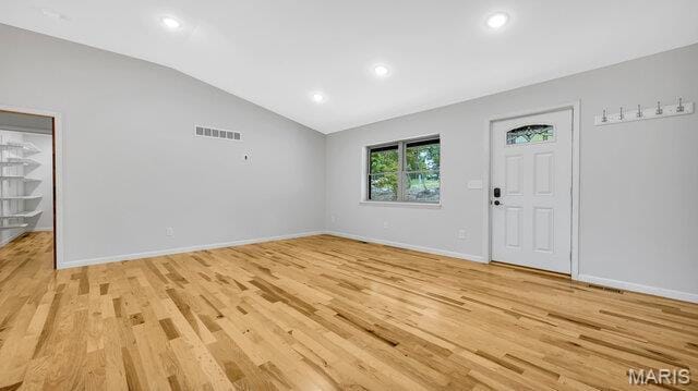 18305 Joerling Ln, Marthasville, MO 63357 - entryway with lofted ceiling, light wood-type flooring, baseboards, and recessed lighting