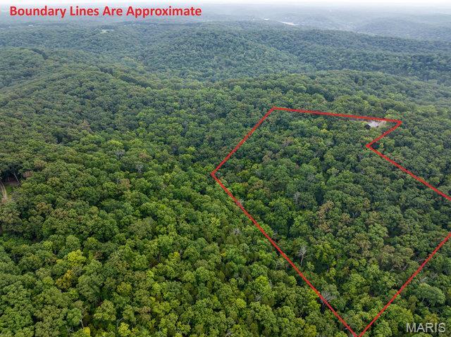 18305 Joerling Ln, Marthasville, MO 63357 - aerial view of property and surrounding area featuring a forest and property parcel outlined