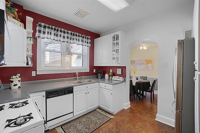 401 Elm St, Washington, MO 63090 - kitchen with white appliances, a sink, white cabinets, and glass insert cabinets