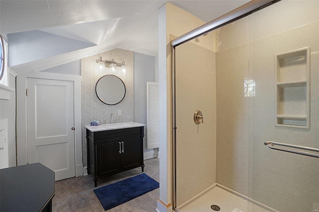 401 Elm St, Washington, MO 63090 - full bath with a shower stall, vaulted ceiling, and vanity