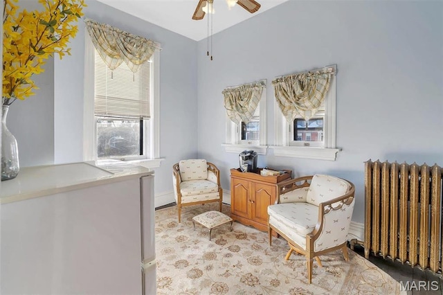2712 S Compton Ave, Saint Louis, MO 63118 - living area with radiator heating unit, healthy amount of natural light, a ceiling fan, and baseboards