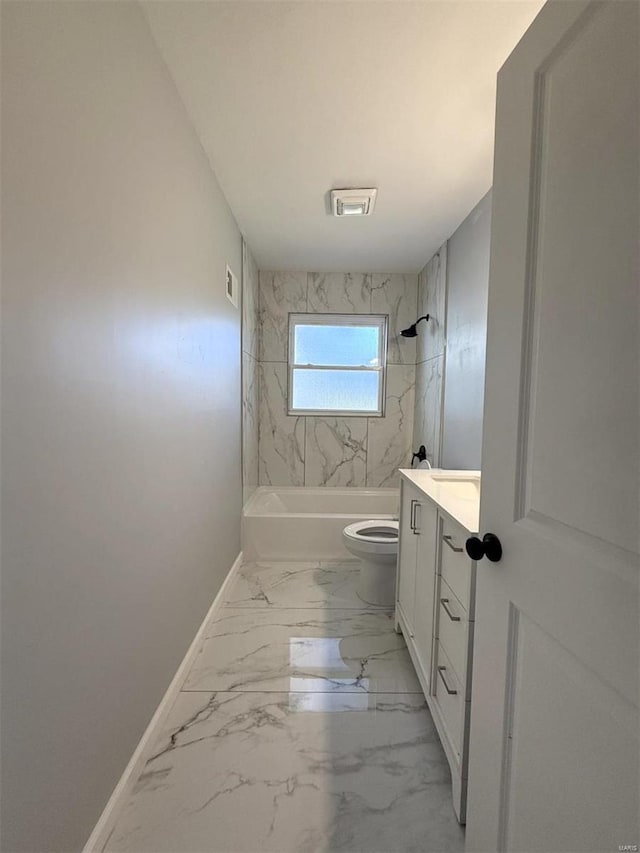 7459 Ahern Ave, Saint Louis, MO 63130 - bathroom with baseboards, bathtub / shower combination, vanity, marble finish flooring, and toilet