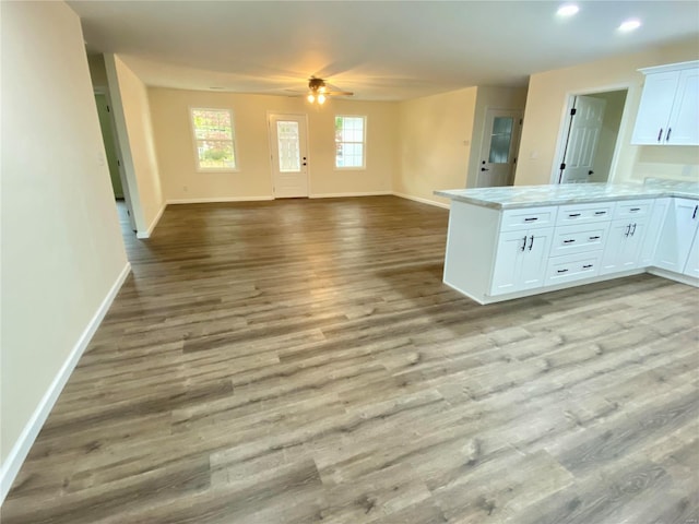 317 E Cypress St, Charleston, MO 63834 - kitchen with a peninsula, baseboards, open floor plan, a ceiling fan, and recessed lighting