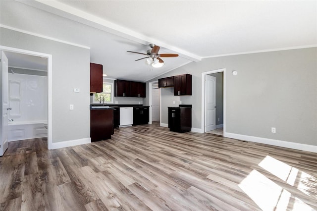 273 Vistaview Dr, Villa Ridge, MO 63089 - unfurnished living room featuring a ceiling fan, wood finished floors, baseboards, and a sink