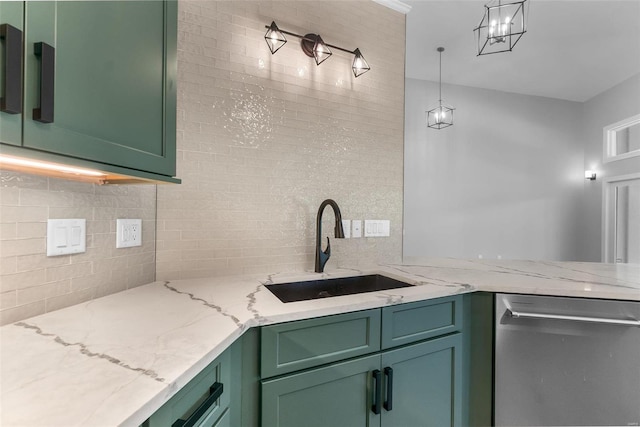 237 Kensington Ln, Cape Girardeau, MO 63701 - kitchen featuring dishwasher, a sink, green cabinets, and backsplash