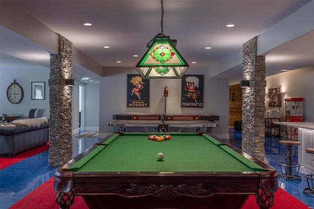 2471 Alpine Cove Dr, Innsbrook, MO 63390 - rec room with ornate columns, billiards table, and recessed lighting