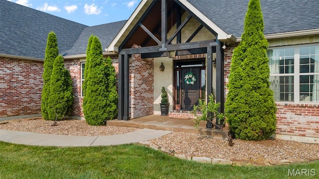 165 Kingsborough Ct, Jackson, MO 63755 - view of exterior entry featuring brick siding and roof with shingles