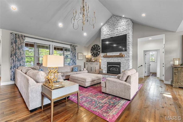 165 Kingsborough Ct, Jackson, MO 63755 - living room with hardwood / wood-style floors, high vaulted ceiling, a fireplace, and recessed lighting