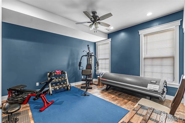 165 Kingsborough Ct, Jackson, MO 63755 - exercise room with ceiling fan, wood finished floors, and recessed lighting
