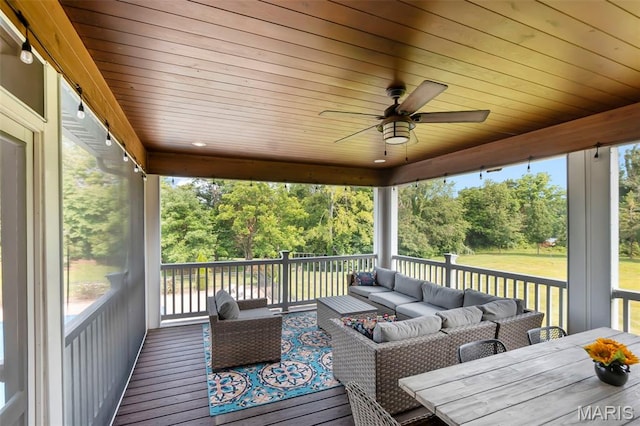 165 Kingsborough Ct, Jackson, MO 63755 - wooden deck with an outdoor hangout area, a ceiling fan, and view of scattered trees
