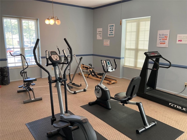 gym featuring baseboards and carpet