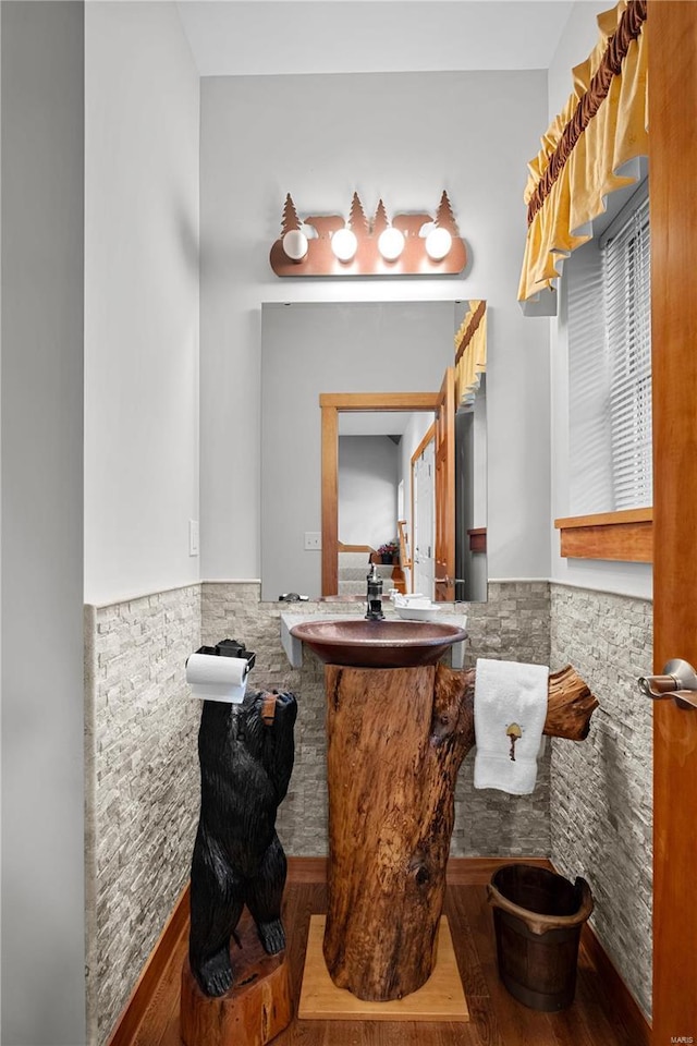 6800 Promise Pt, House Springs, MO 63051 - bathroom featuring tile walls, a wainscoted wall, wood finished floors, and vanity