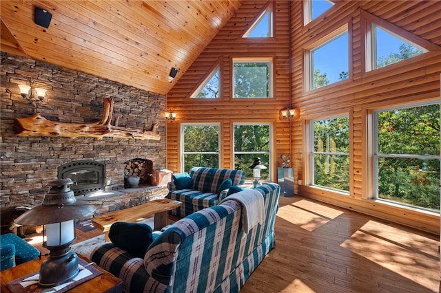 6800 Promise Pt, House Springs, MO 63051 - living area featuring high vaulted ceiling, rustic walls, hardwood / wood-style floors, healthy amount of natural light, and wood ceiling