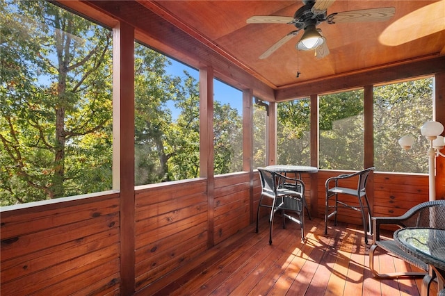 6800 Promise Pt, House Springs, MO 63051 - sunroom featuring ceiling fan, wood-type flooring, wood walls, and a wooden deck