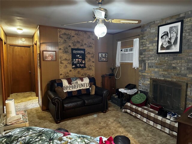 512 Odell Ave, Bismarck, MO 63624 - carpeted living area with ornamental molding, ceiling fan, and a fireplace