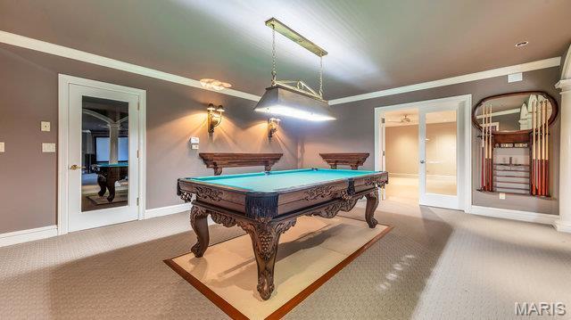 962 Hwy W, Foristell, MO 63348 - rec room with french doors, carpet, crown molding, and billiards table