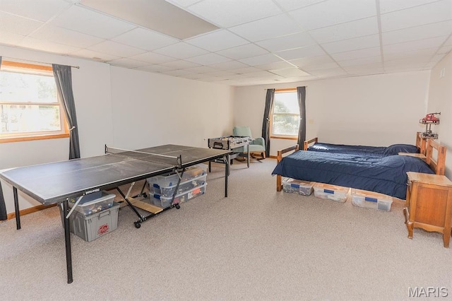 bedroom featuring a drop ceiling, carpet floors, and baseboards