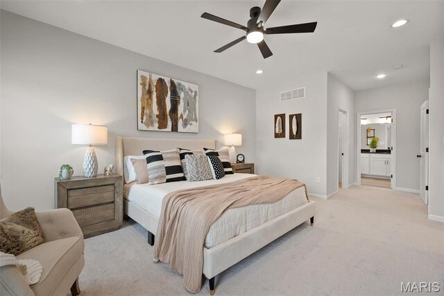 511 Kit Fox Ct, Eureka, MO 63025 - bedroom featuring recessed lighting, baseboards, light carpet, ensuite bath, and ceiling fan