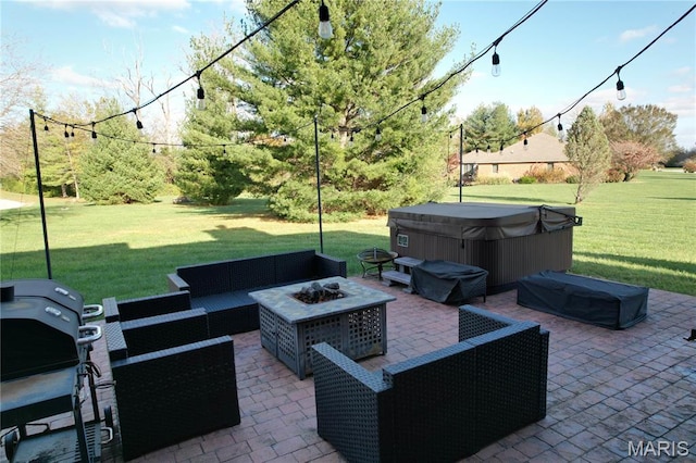 334 Spring Lake Rd, Millstadt, IL 62260 - view of patio / terrace with a hot tub, area for grilling, and an outdoor living space with a fire pit