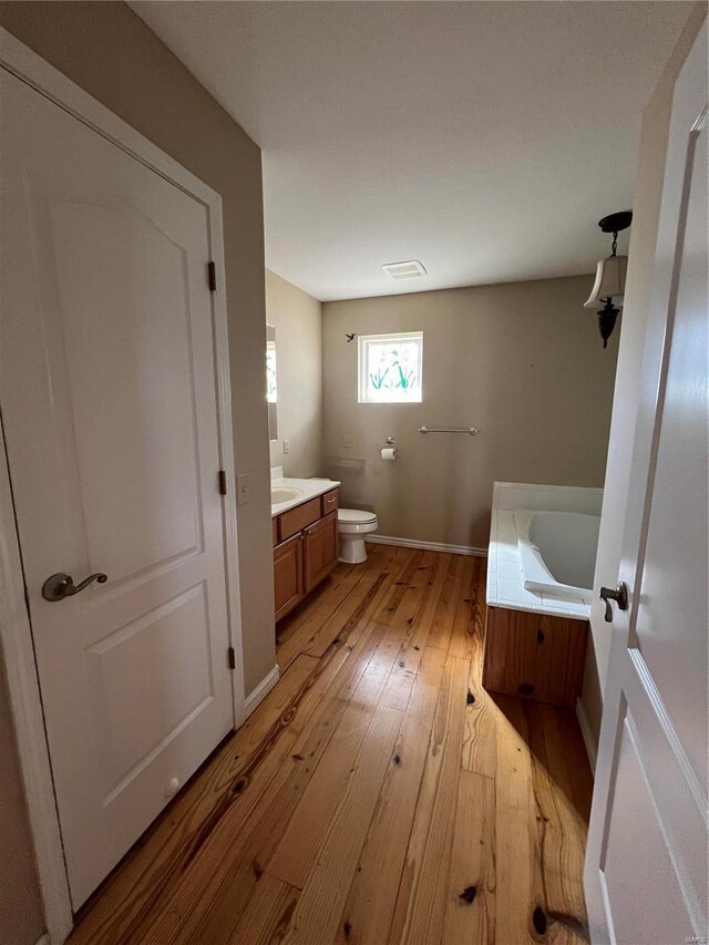 bathroom featuring toilet, vanity, wood-type flooring, and a tub to relax in