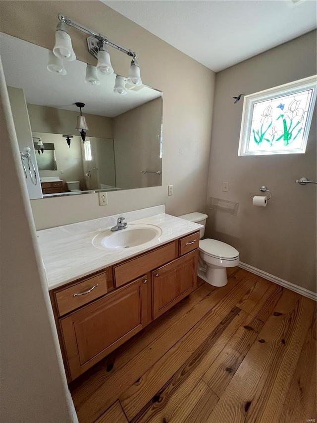 bathroom featuring wood finished floors, toilet, and vanity