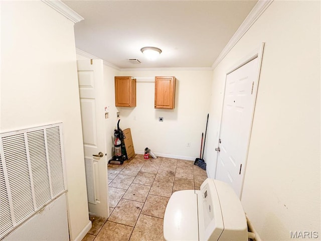 663 County Road 2590, Salem, MO 65462 - washroom featuring cabinet space, a heating unit, crown molding, light tile patterned floors, and electric dryer hookup