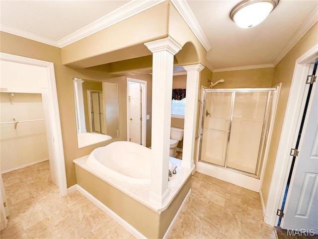 663 County Road 2590, Salem, MO 65462 - full bath featuring decorative columns, a shower stall, ornamental molding, a garden tub, and a walk in closet