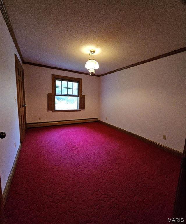 carpeted empty room with ornamental molding, a baseboard radiator, baseboards, and a textured ceiling