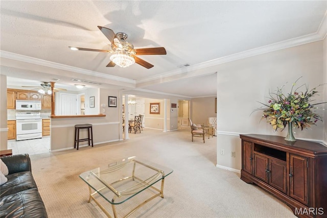 964 Claytonbrook Dr Unit 2A, Ballwin, MO 63011 - living room featuring ceiling fan, crown molding, light colored carpet, and baseboards