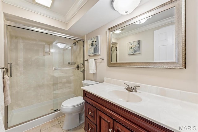 964 Claytonbrook Dr Unit 2A, Ballwin, MO 63011 - bathroom with ornamental molding, vanity, toilet, a shower stall, and tile patterned floors