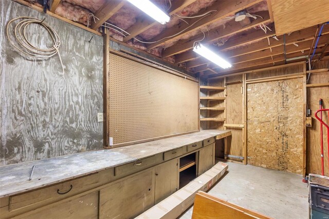 unfinished basement with a workshop area